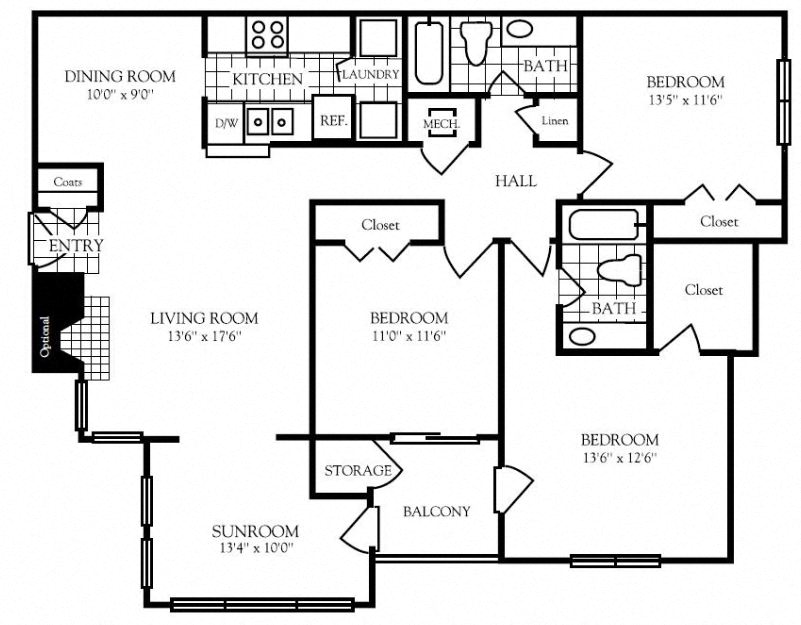 Floor plan for 3 beds, 2 baths, 1427 sqft